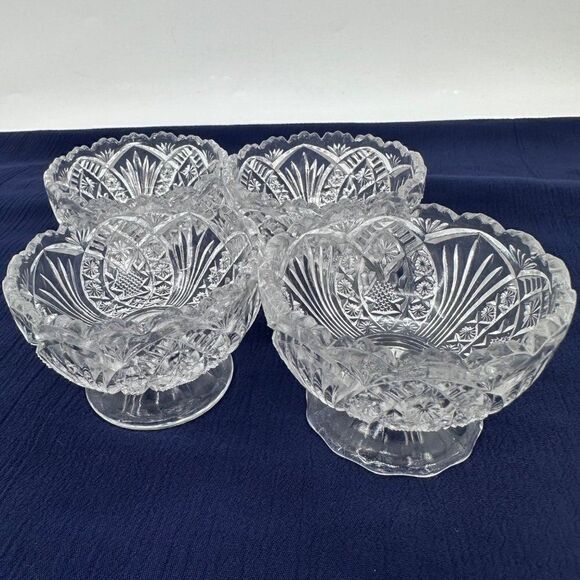 Vintage Clear Cut Glass EAPG Sherbert Dessert Berry Bowls (4) Arrowhead Sawtooth - Picture 1 of 11